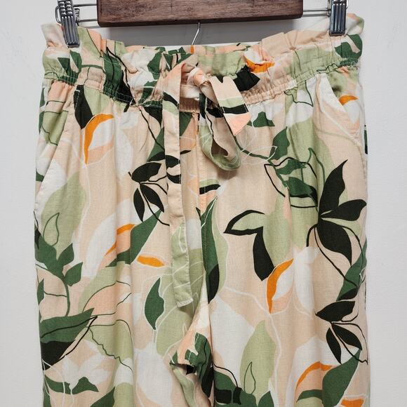 Nicole Miller Tropical Linen Blend Pants Size M Ruffle Waist Straight Leg Travel - Picture 4 of 11